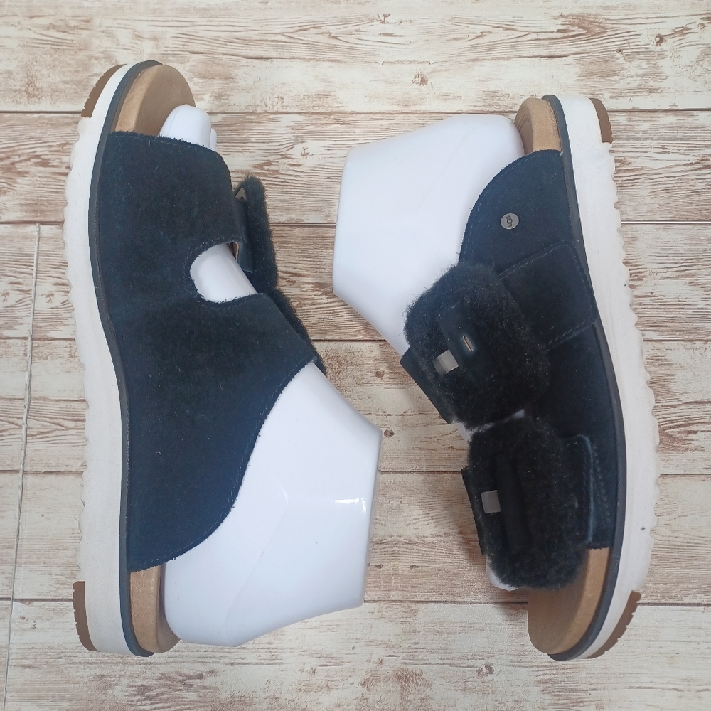 UGG Suede 2 Strap Slide On Sandals Fuzzy Buckle Women's Size 7 Black - Picture 9 of 14
